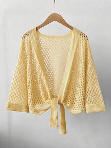 GlowEve Áo khoác cardigan nữ dáng rộng, thời trang, đa năng, gợi cảm, cổ chữ V khoét rỗng, thắt nơ phía trước. - Vàng nhạt - Xem 4