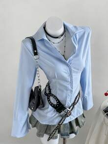 Blusa de manga larga con fruncido y ajuste ceñido de unicolor, para mujer en otoño - Celeste - Ver 4