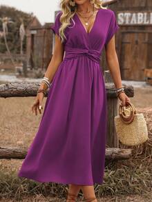 EMERY ROSE Women's Spring & Summer Bohemian Vacation Casual Shirred Waist Gathered Twist Back Ruffle Sleeve A-Line Midi Dress - Purple - View 4