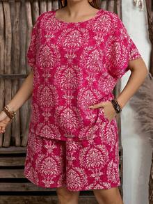 EMERY ROSE 2 Pieces Plus Size Women's Vacation Plant Print Short Sleeve Shirt & Shorts Set,Vacation Outfits Woman,Boho For Women - Hot Pink - View 4
