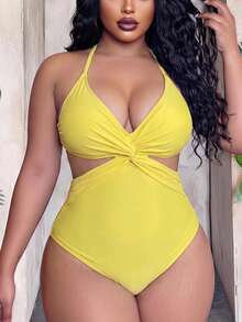 Slaydiva Plus Size Women Solid Color Twist Ruched One-Piece Swimsuit, Suitable For Beach Vacation, Pool Party, Beach Party - Yellow - View 1