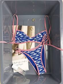 Swim Mod Conjunto de bikini de 2 piezas de ropa de playa casual de verano para mujer con estampado de rayas y peces de unicolor, con tirantes ajustables y reversible - Multicolor - Ver 3