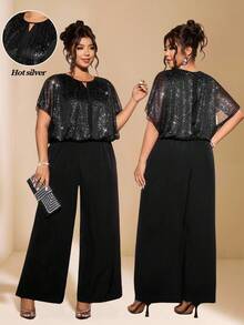 Allurite Plus Size Women's New Elegant Crew Neck Casual Loose Silver Foil Mesh Jumpsuit, Suitable For Party, Daily Wear, Commuting - Black - View 7