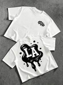 Manfinity EMRG Men's Cool Boxy White Cropped T-Shirt With Dripping LA Logo,Streetwear,Casual,Summer,City Break,Short Sleeve Tee Gift For Friends & Streetwear Lovers - White - View 1