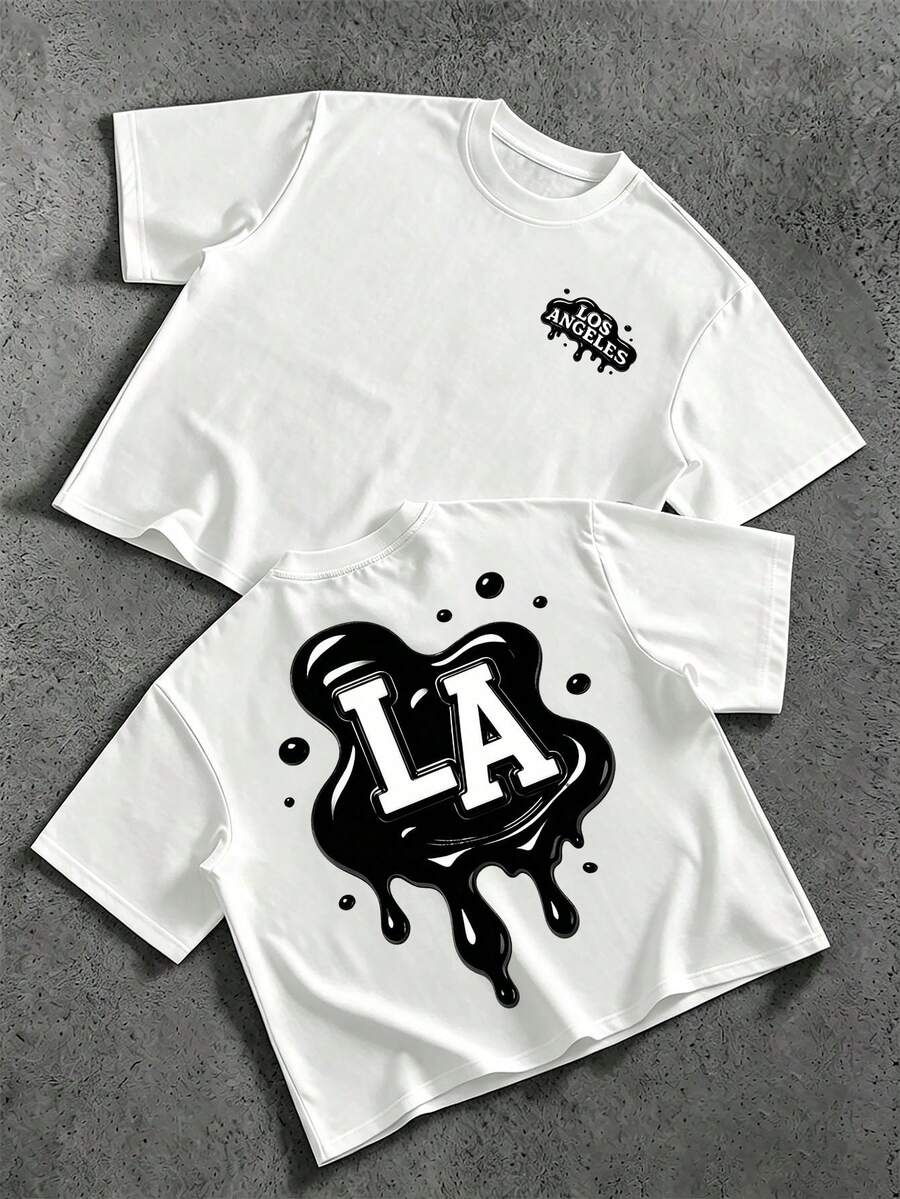 Manfinity EMRG Men's Cool Boxy White Cropped T-Shirt With Dripping LA Logo,Streetwear,Casual,Summer,City Break,Short Sleeve Tee Gift For Friends & Streetwear Lovers - White - View 1
