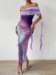 Rafferiza Vestido largo con estampado degradado, un solo hombro, drapeado y volantes para mujer - Púrpura polvoriento - View 4