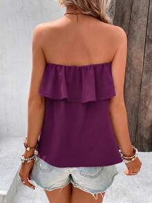 Breezaya Women's Solid Color Ruffle Hem Bandeau Top For Vacation - Purple - View 2