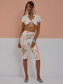 MUSERA Ruched Ruffled Tie Front Cropped Cotton Poplin Top Cute Sexy Spring Summer Holiday Vacation Going Out Girly Cool Girl Late Checkout - White - View 1