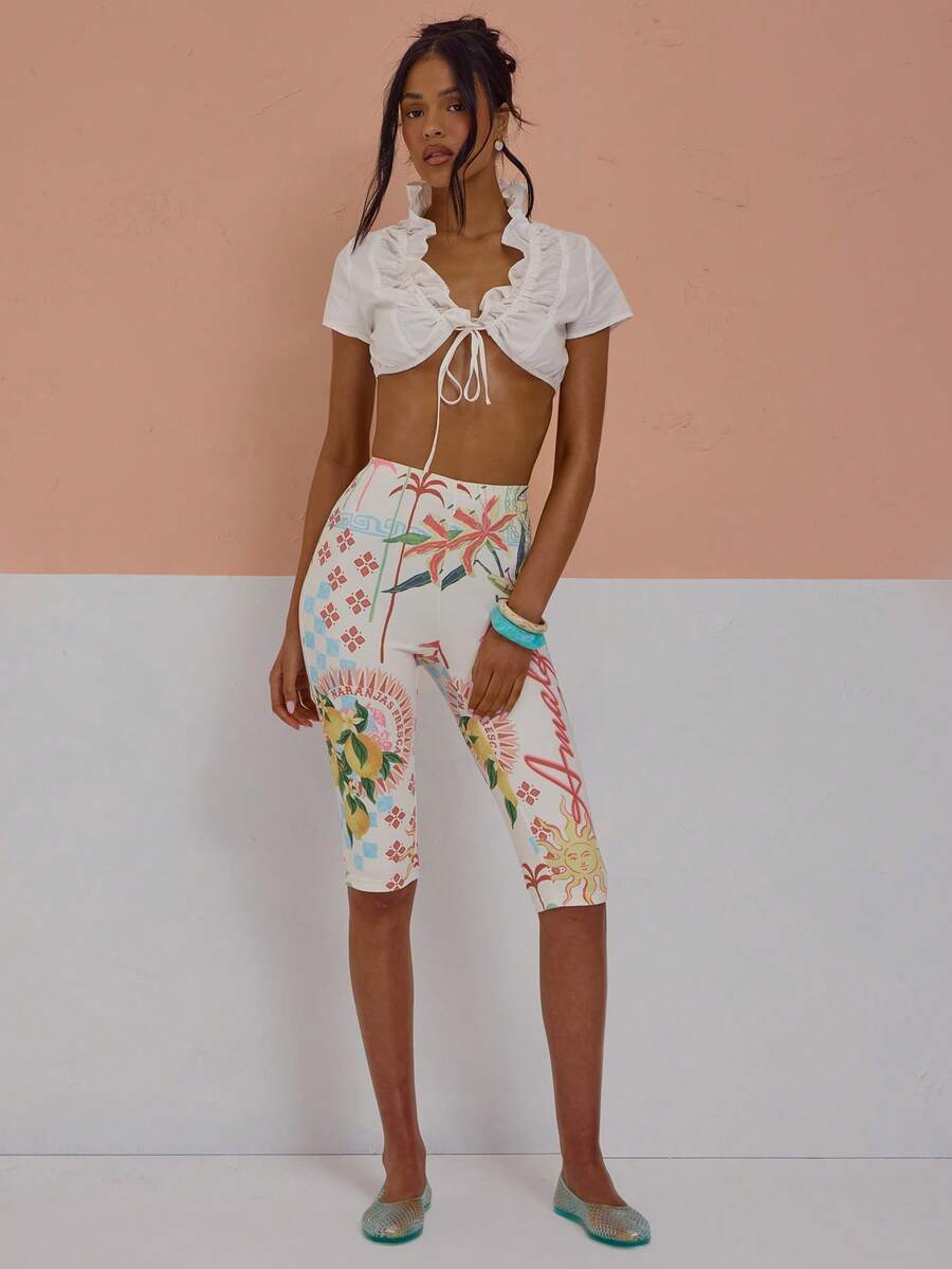 MUSERA Ruched Ruffled Tie Front Cropped Cotton Poplin Top Cute Sexy Spring Summer Holiday Vacation Going Out Girly Cool Girl Late Checkout - White - View 1