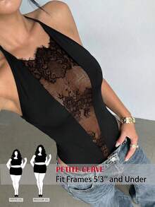SHEIN PETITE CURVE Plus Size Y2K Sexy Lace Backless Sheer Sleeveless Bodysuit Black Summer Elegant Formal Night Vacation Concert Cocktail Evening Night Out Club Party - Black - View 1
