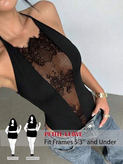 SHEIN PETITE CURVE 大码性感Y2K音乐节派对蕾丝露背透视无袖连体衣，黑色