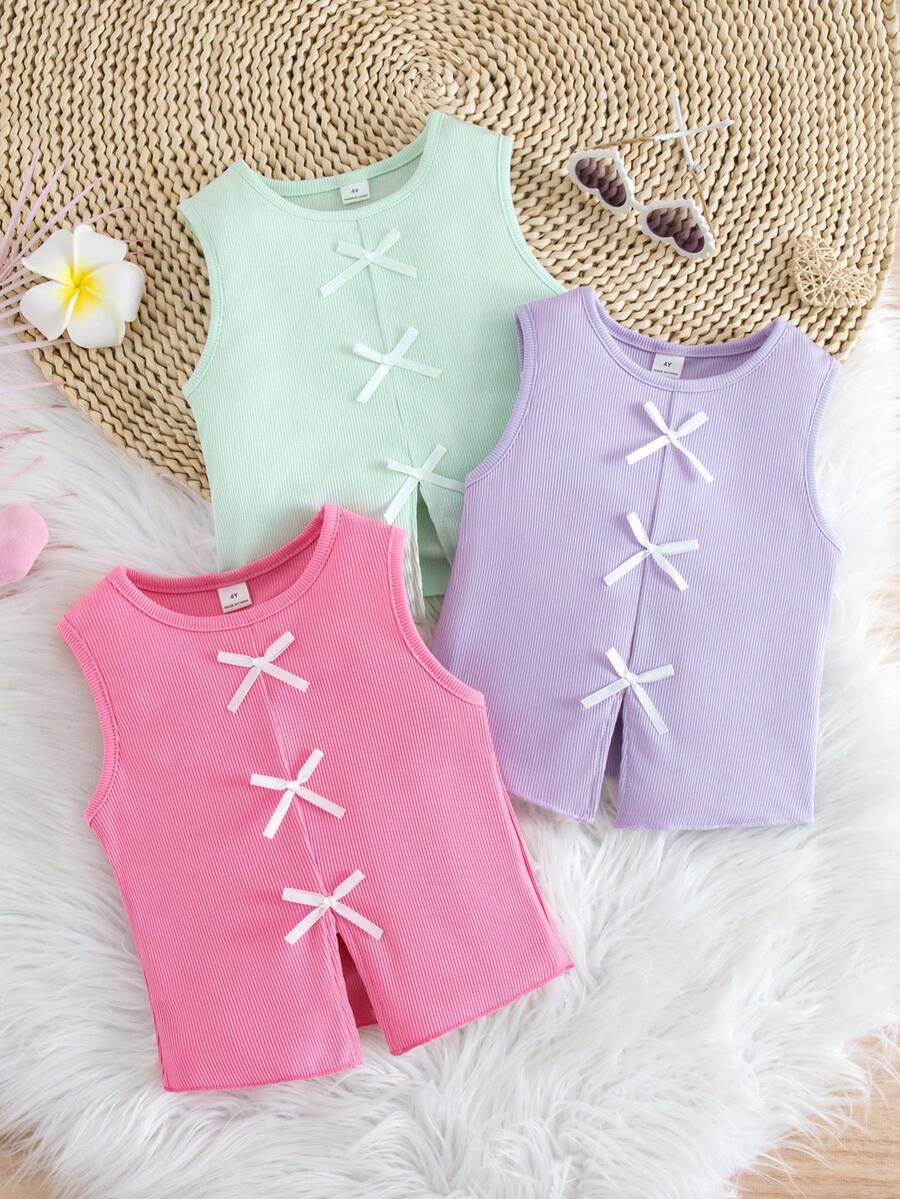 SHEIN Genkimix Kids 夏季女童圆领无袖蝴蝶结装饰休闲背心 - 彩色 - 查看 1