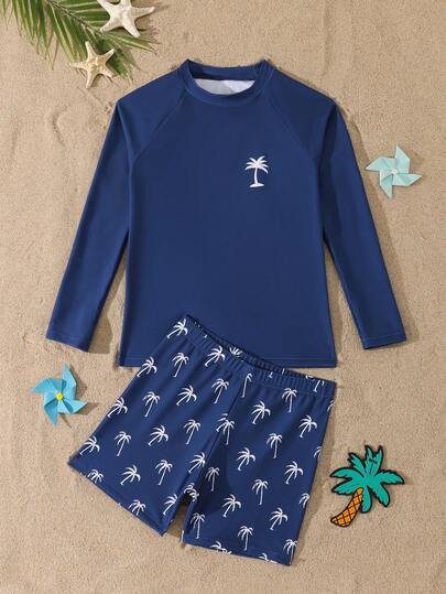 SHEIN Tween Boys 2-Piece Swimwear Set, Tropical Holiday Style, Navy Blue With Palm Tree Print, Knit Fabric, Long Sleeve T-Shirt + Swim Trunks, Fashionable Casual Vacation Outfit Suitable For Swimming, Summer Holiday, Beach, Pool