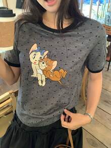 TOM AND JERRY X DAZY 女款圓領波點韓系卡通印花休閒短袖T恤圖案上衣 - 灰色 - 查看 11