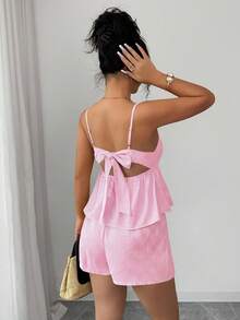 Selianne Camiseta sin espalda de lino con cuello en V profundo a rayas azul y blanco, de cintura baja con cordón, suelta y casual, corta y sexy, elegante para el verano para mujer, diseño con lazo sin espalda para vacaciones de verano - Rosa - Ver 3