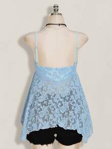 SHEIN ICON Plus Size Solid Color Lace Patchwork Front Drawstring Tie Camisole Top, Asymmetric Hem, Y2K Style, Suitable For Summer - Baby Blue - View 2