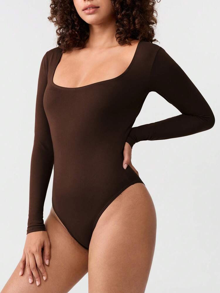 Loungeista Sexy Long Sleeve Square Neck Jumpsuit Dress, Basic Tight-Fitting Piece, Excellent Shaping Effect, Suitable For Workout, Casual Wear And Daily Activitiesfor Summer - Coffee Brown - View 7