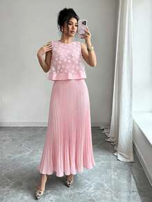 Selianne Fashionable Elegant Sexy 3D Floral Pleated Round Neck Sleeveless 2 In 1 Dress For Women Golf Pastal Summer - Pink - View 3