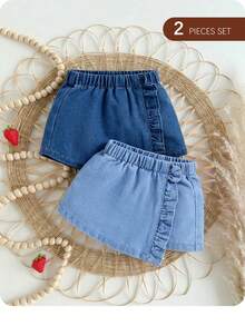 SHEIN Falda corta de mezclilla con volantes y elasticidad alta para bebés niñas, lavado con agua para suavidad extra y comodidad, ideal para primavera y verano - Lavado ligero - Ver 7