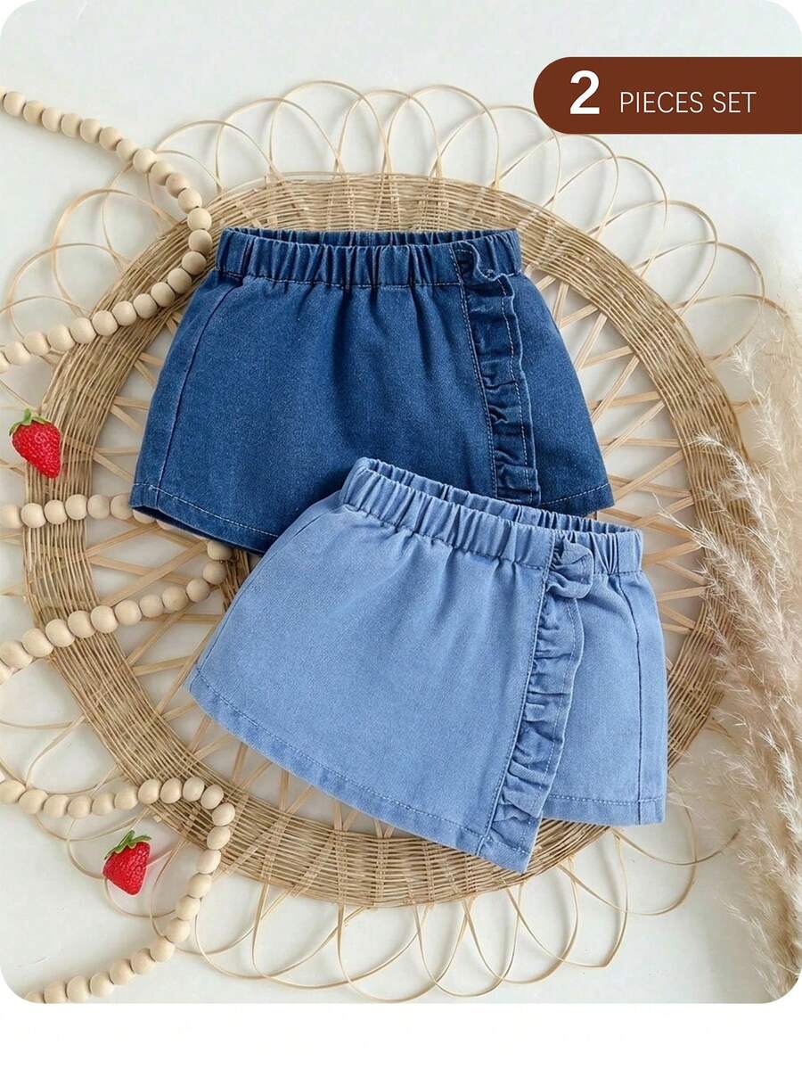SHEIN 2pcs Baby Girls High Elasticity Water Washed Cute Flounce  Denim Skort With Comfortable Softness, Spring And Summer - Light Wash - View 1