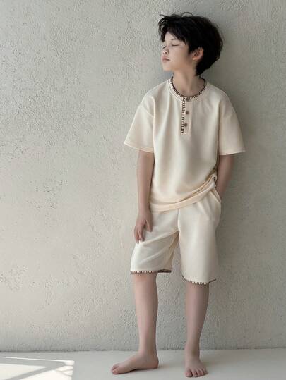 Dazy Kids 男童撞色圆领短袖上衣+休闲短裤套装，夏季居家服