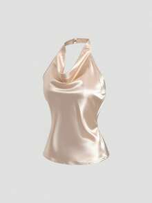 Sweetra Áo kiểu nữ thanh lịch mới, cổ xếp ly, lưng hở, không tay, buộc dây cổ, chất liệu satin, màu trơn. - Màu be - Xem 3