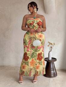 Firerie Plus Size Women Floral Print Ruffle Trim Bodycon Halter Dress Casual Vacation Dress For Women Flower Prints For Women - Multicolor - View 6