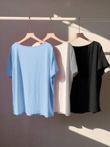 SHEIN EZwear 3件套V领柔软休闲短袖T恤，白色+黑色+浅蓝色，春夏大码基础款T恤 - 淺藍色 - 查看 2
