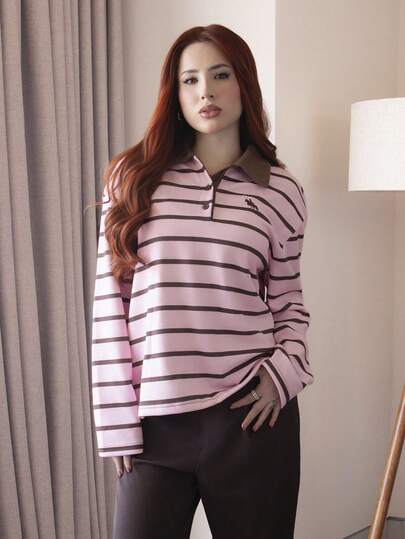 FER DURAN FER DURAN Women's Casual Striped Button-Up Dropped Shoulder T-Shirt, Autumn Pink Clothes Preppy Clothes Pink Pony Club Shirt Striped Long Sleeve Aesthetic Clothes Preppy Aesthetic Clothes Pink Striped Long Sleeve Shirt