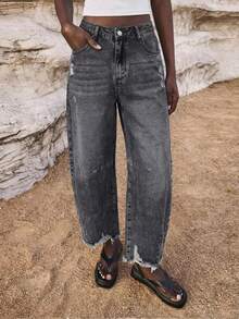 Maija Celana Jeans Kasual Ukuran Besar Warna Village dengan Kantong Miring dan Ujung Berumbai - Hitam - View 3