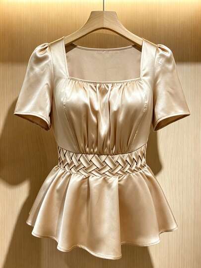Franclia Áo kiểu nữ cỡ lớn, màu trơn, chất liệu satin, xếp ly, tay ngắn, thích hợp cho mùa xuân/hè.