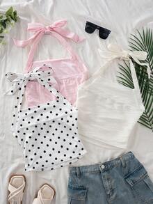 SHEIN Tank Top Crop Berkerut dengan Tali Bahu Tipis Motif Polkadot Hitam untuk Anak Perempuan Remaja, Camisole Bergaris Bernapas yang Lucu untuk Liburan Musim Panas, Warna Pink - MultiWarna - View 2