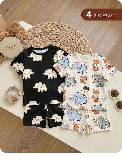 SHEIN 2pcs/Set Elephant, Fox, Sketch Print Breathable, Soft, Cozy Sleepwear Set For Baby Boys, Loose Casual Outfit Suitable For Summer