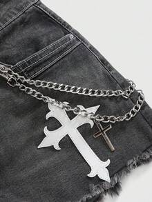 ROMWE Grunge Punk Spring/Summer Graphic Retro Street-Style Washed Gothic Cross Chain Print Women Low Waist Denim Shorts - Black - View 4