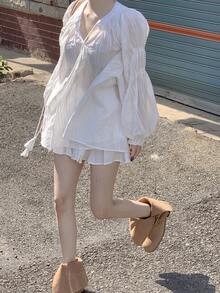 DAZY Women's Solid Color Long Sleeve Loose Fit Shirt Vacation - White - View 6