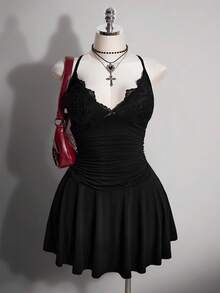 SHEIN ICON 大码女式黑色蕾丝拼接连衣裙 - 黑色 - 查看 5