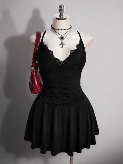 SHEIN ICON Plus Size Women's Spring/Summer Retro Sexy Fashion Individual Bold Avant-Garde Simple Commuting Modern Urban Casual Dark Gothic Millennial Style Y2K Lace Patchwork Waist Gathered Black Suspender Dress