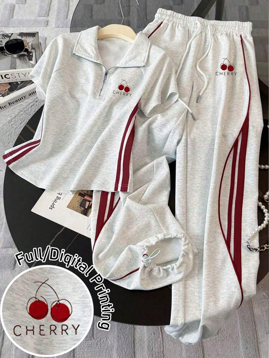Resyla Bộ áo tay ngắn raglan cổ đứng + quần dài thường ngày - Màu Xám nhạt - Xem 1