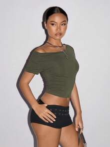 SHEIN ICON 女士纯色露背短袖露脐T恤 - 軍綠色 - 查看 3