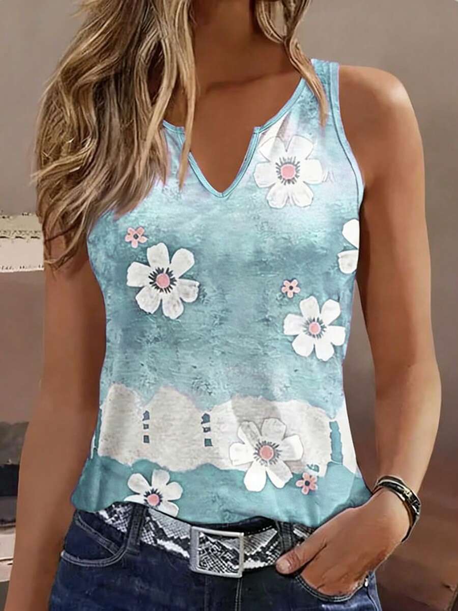 EMERY ROSE Floral Print V-Neck Sleeveless Camisole, Fashionable For Summer Vacation & Dates - Multicolor - View 1