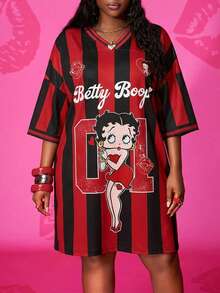 Slaydiva Betty Boop x SHEIN 2026春夏新款大码女装：基础款、休闲、可爱黑红条纹V领宽松落肩大码短款连衣裙，卡通人物印花；假日 - 彩色 - 查看 3