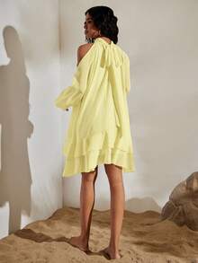 Opulessa Women's Solid Color Woven Casual Mini Dress, Spring/Summer,Wedding Guest Dress Women - Light Yellow - View 2