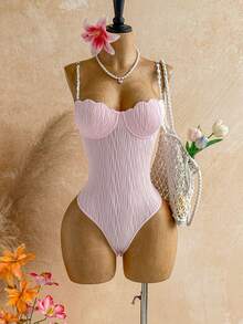 Soleia Damen Hellrosa Sommer Verführerischer Urlaub Geformte Cup Muschel BH mit Bügel Perlen Spaghettiträger Camisole Bodysuit, Boho Date Party Strand - Pink - Übersicht 1