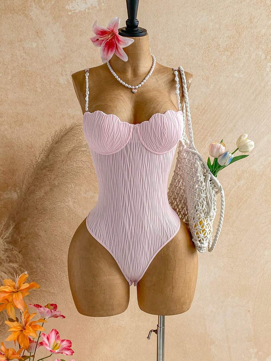 Soleia Damen Hellrosa Sommer Verführerischer Urlaub Geformte Cup Muschel BH mit Bügel Perlen Spaghettiträger Camisole Bodysuit, Boho Date Party Strand - Pink - Übersicht 1