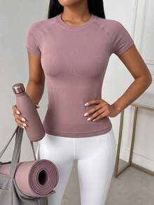 Breezaya Women's Seamless Round Neck Short Sleeve Sports T-Shirt In Solid Color Compression Shirt Fitted Shirt Workout Tank Top Gym Shirts - Dusty Pink - View 2