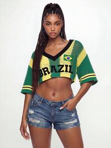 ROMWE Summer Outfits Brazil Color Block Loose Cropped Knit Top - Multicolor - View 5