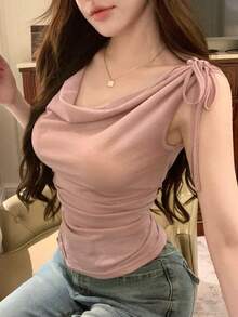 DAZY 女士夏季亮面面料短袖系领套头优雅T恤 - 粉色 - 查看 1
