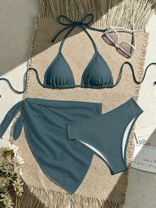 SHEIN Swim Vcay Bộ bikini 3 mảnh gợi cảm buộc dây cổ màu trơn dành cho nữ mùa hè, kèm áo khoác ngoài và váy. - Màu xám đen - Xem 3