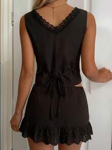 SHEIN EZwear 女士蕾丝拼接V领无袖上衣和半裙套装（2件套），咖啡棕色，夏季 - 咖啡棕 - 查看 2