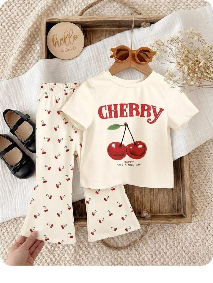 可爱复古碎花图案女童休闲宽松短袖圆领T恤和喇叭裤两件套，适合日常穿着、春夏穿搭，舒适百搭，春夏叠穿，时尚女童，休闲装，儿童复古碎花图案服装，返校季、休闲度假风 - 彩色 - 查看 1